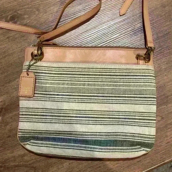 FOSSIL Issue No. 1954 Crossbody Shoulder Purse Handbag Tan with Cloth - Picture 2 of 13